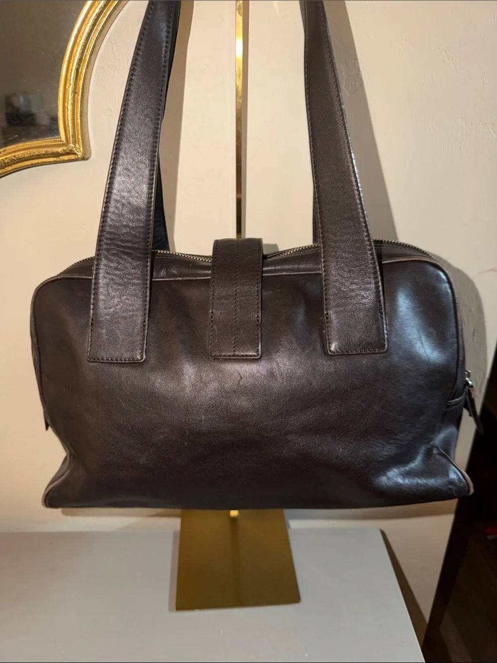 Furla Dark Brown Leather Messenger Bag with Front Buckle Pockets